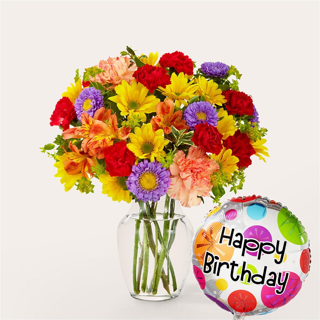 Kaleidoscope Bouquet with Birthday Balloon – Pantelia Floral, Salt Lake City UT
